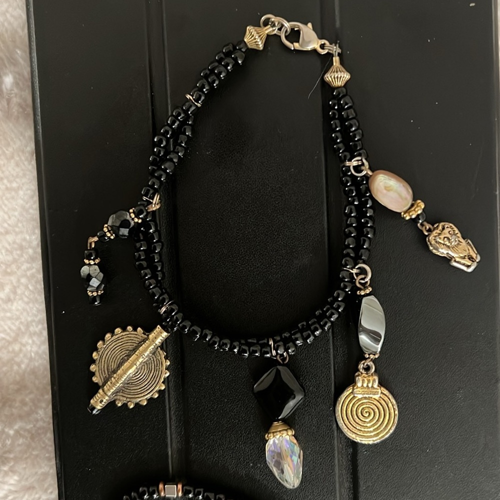 African beaded ankle bracelet w/charms + beaded bracelet w/clasp. Set